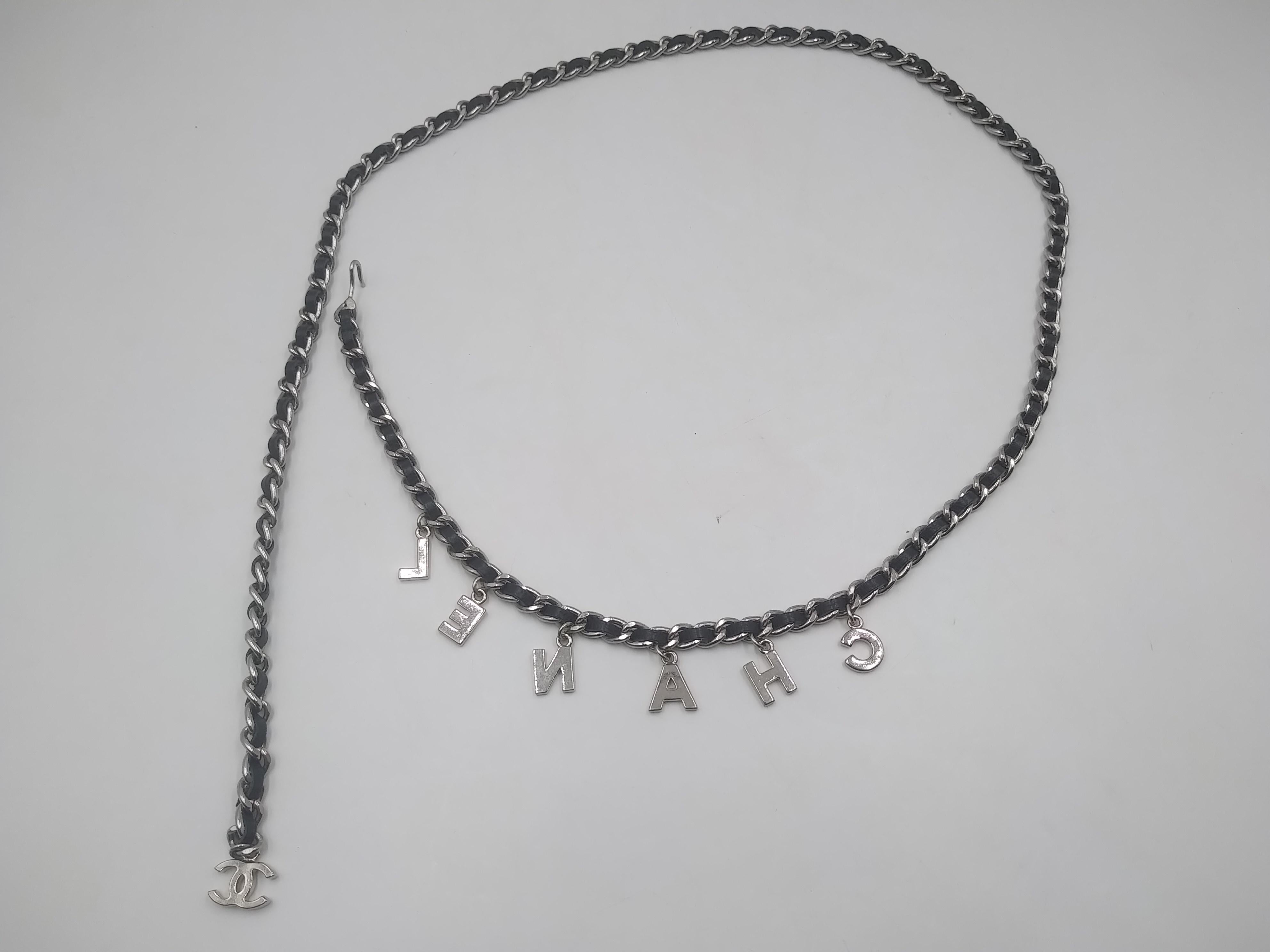 Chanel CC Logo Silver and Black Leather Letter Chain Belt Necklace Bracelet For Sale 2