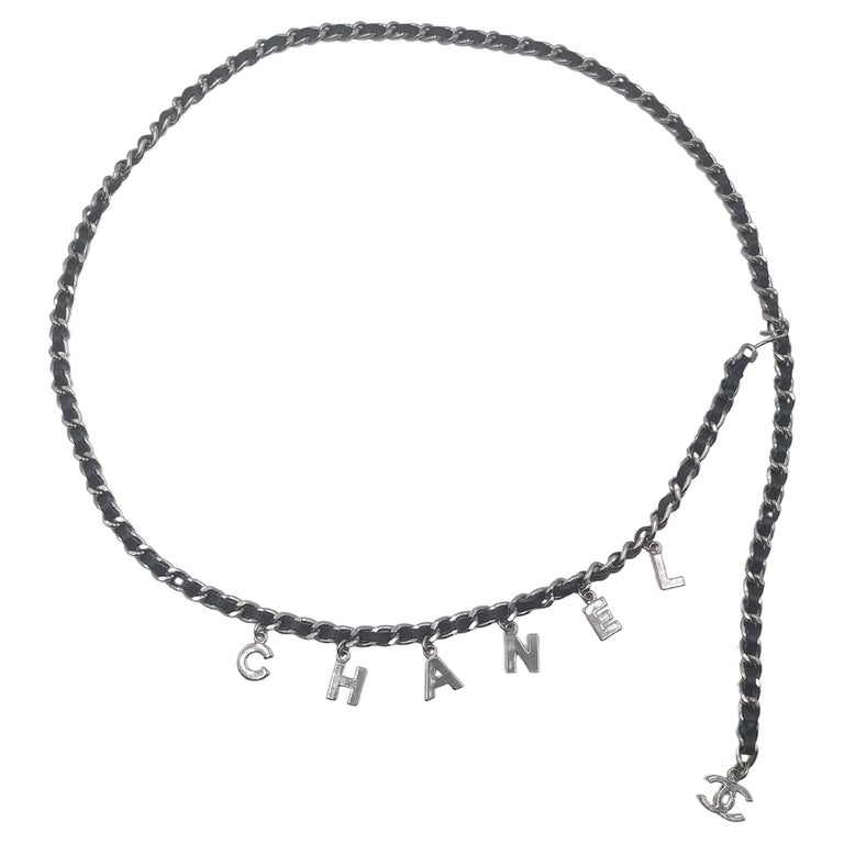 Chanel CC Logo Silver and Black Leather Letter Chain Belt Necklace Bracelet  For Sale at 1stDibs