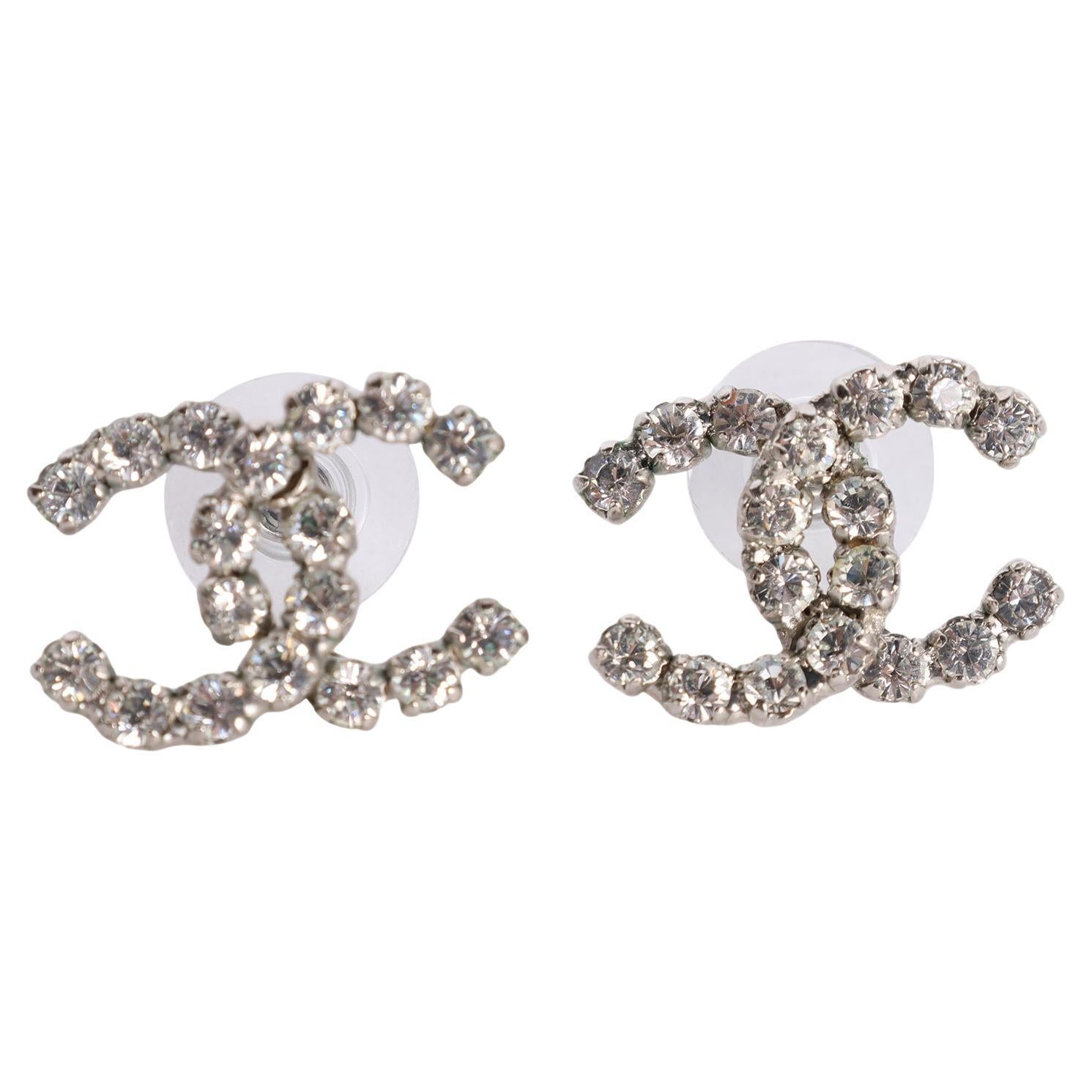 CHANEL CC Logo Silver Crystal Pierced Earrings
