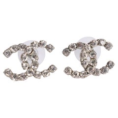 CHANEL CC Logo Silver Crystal Pierced Earrings
