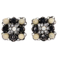 Chanel CC Logo Silver Rhinestone Pierced Earrings