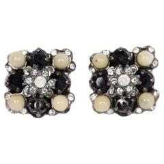 Boucles d'oreilles percées Chanel CC Logo Silver Rhinestone