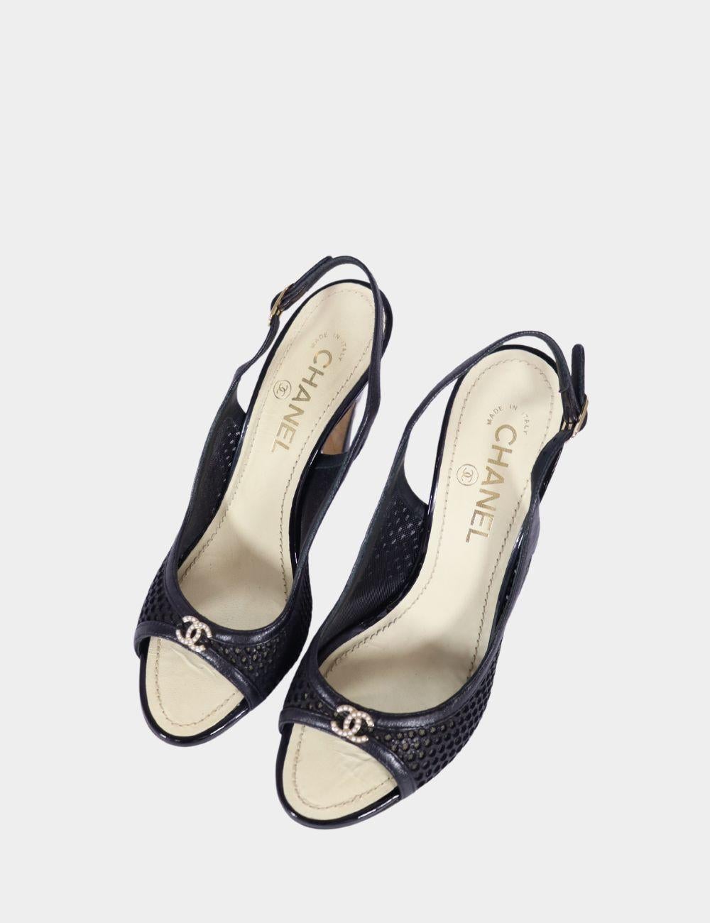 Refined yet subtly daring, these Chanel black mesh slingback heels combine elegance with a touch of edge. Designed with an airy perforated mesh upper, open toe, and slingback silhouette, this pair is finished with a small metal CC logo at the toe