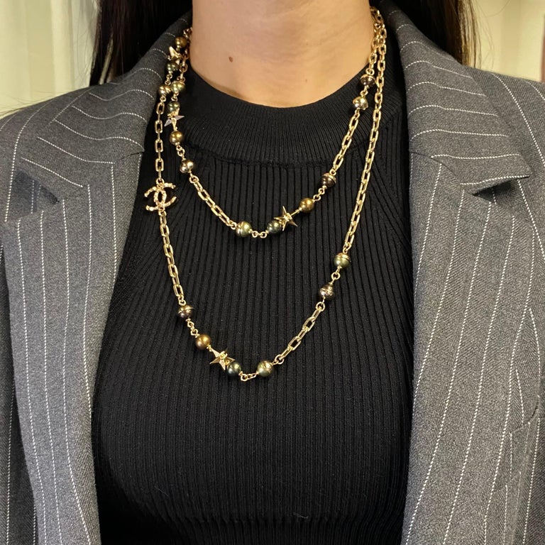 Chanel CC Logo Star Gold Tone Olive Brown Bead Long Necklace For Sale ...