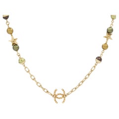 Chanel Cc Logo Star Gold Tone Olive Brown Bead Long Necklace