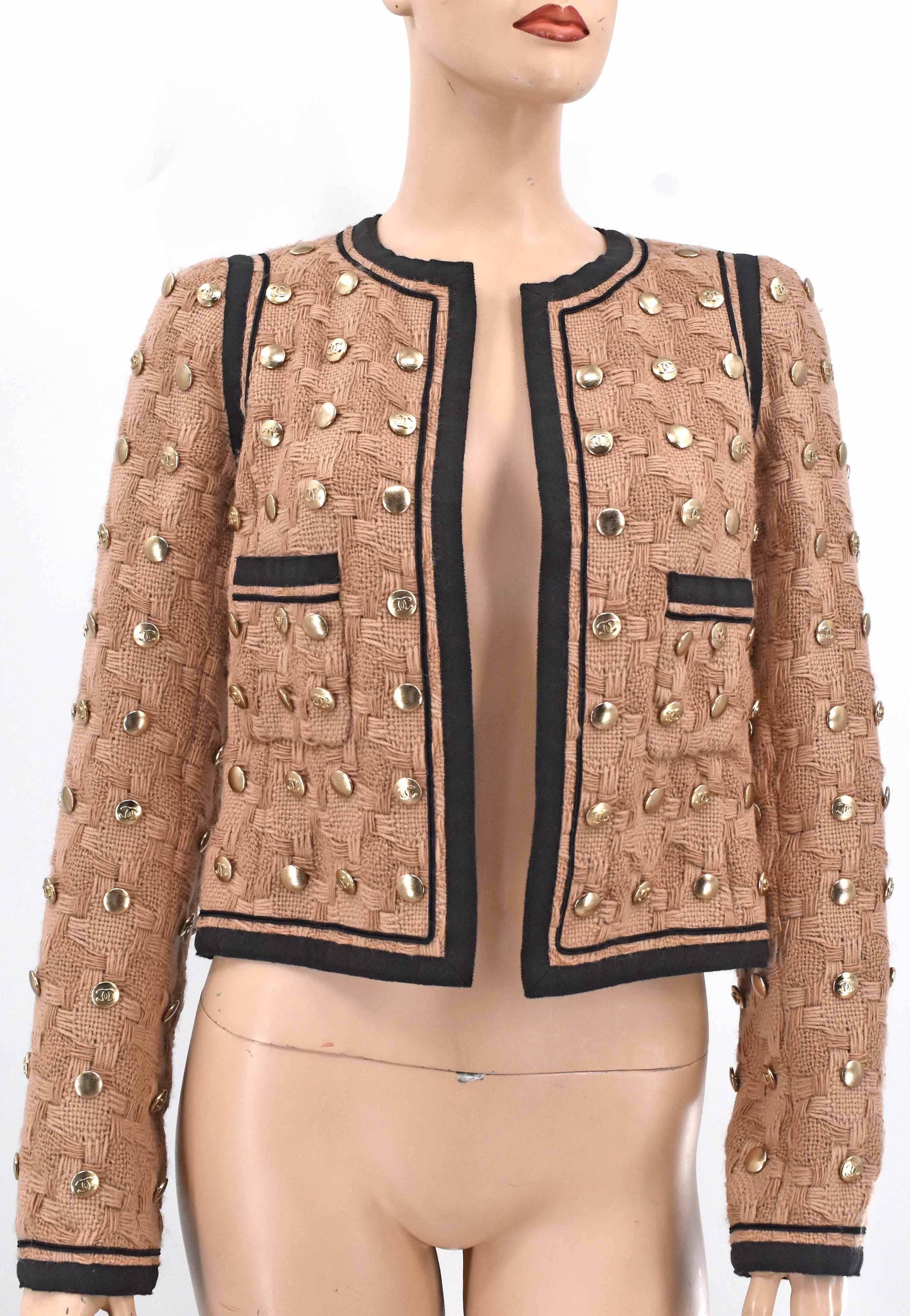 Chanel CC Logo Studded Tweed Wool Jacket 08A 2008 New Fr 36 In New Condition For Sale In Merced, CA