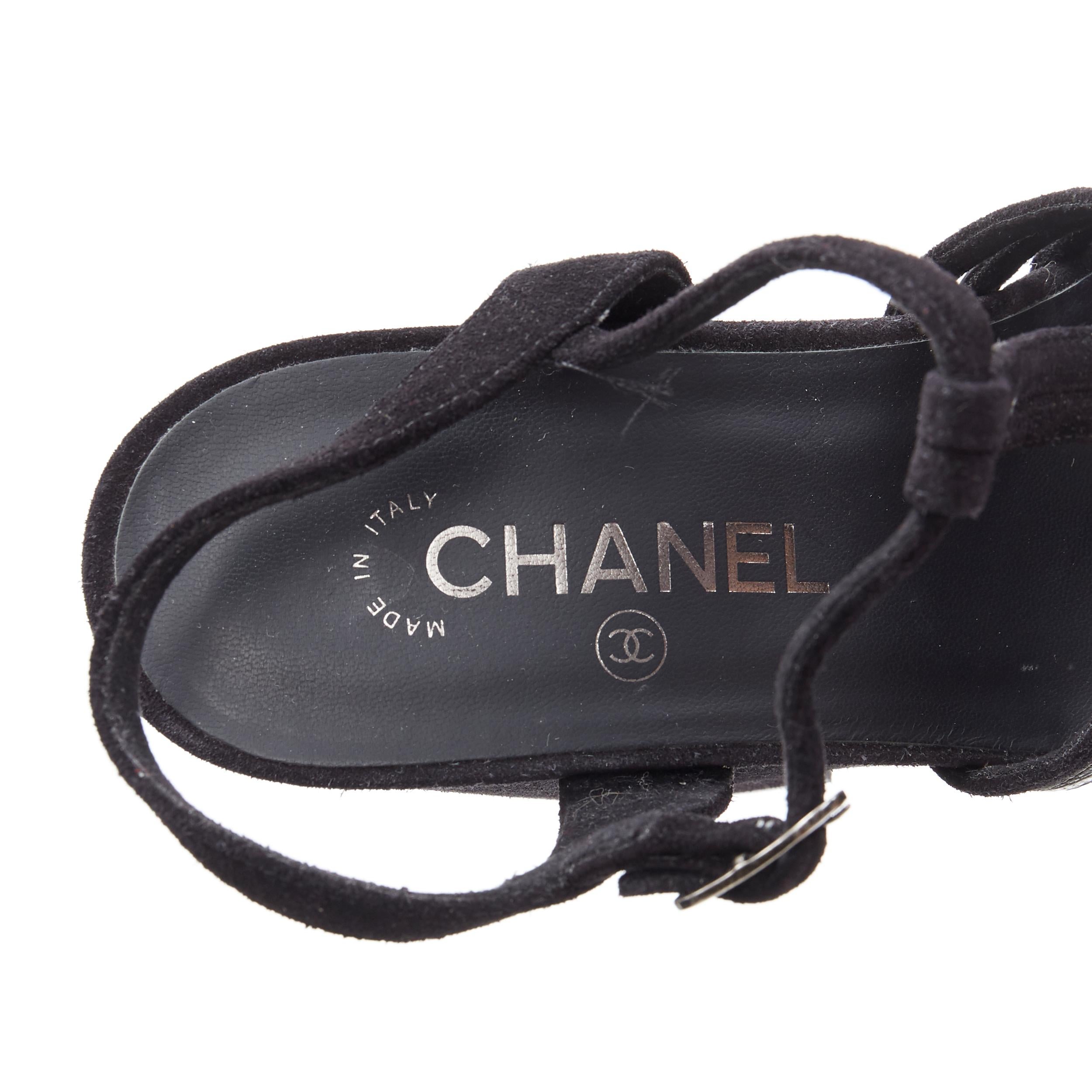 CHANEL CC logo suede laether black strappy platform T-strap wedge sandals EU36 2