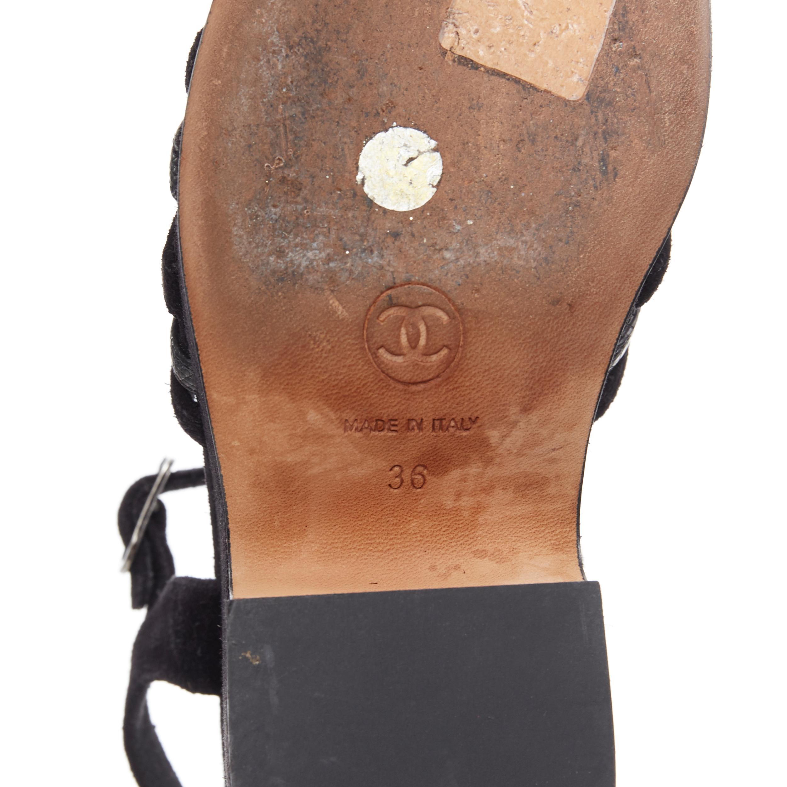 CHANEL CC logo suede laether black strappy platform T-strap wedge sandals EU36 3