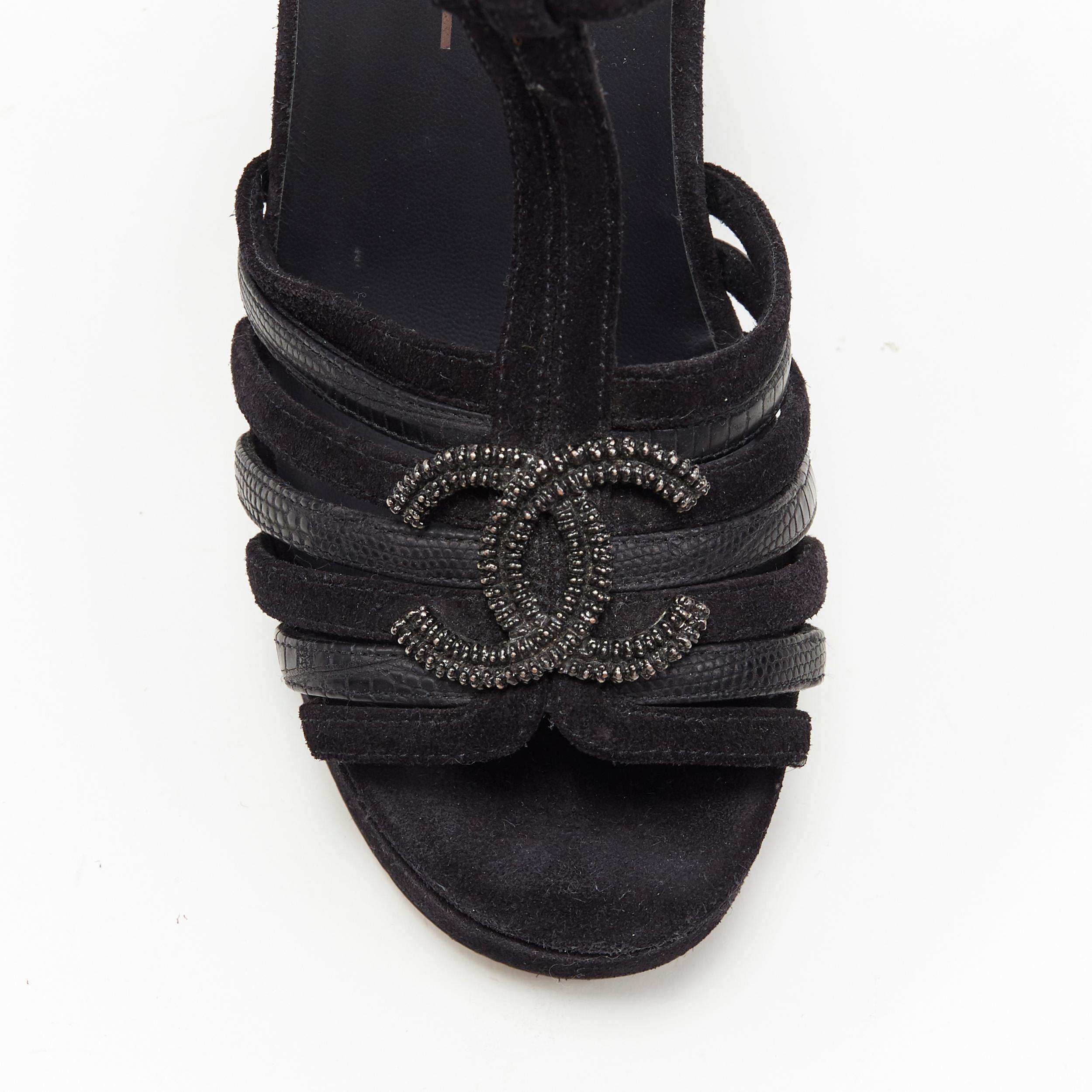 CHANEL CC logo suede laether black strappy platform T-strap wedge sandals EU36 In Excellent Condition In Hong Kong, NT