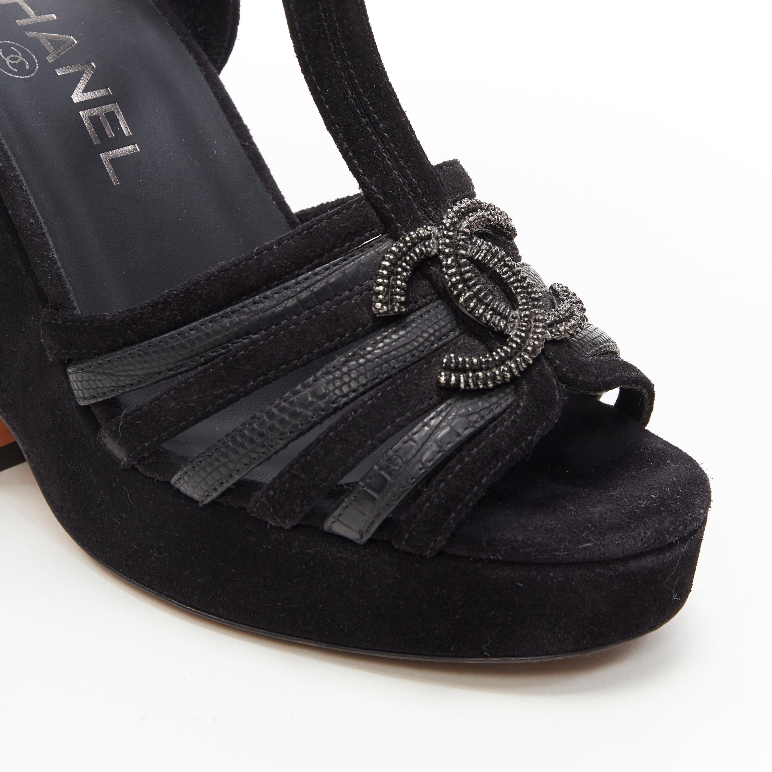 Women's CHANEL CC logo suede laether black strappy platform T-strap wedge sandals EU36