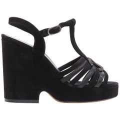 CHANEL CC logo suede laether black strappy platform T-strap wedge sandals EU36