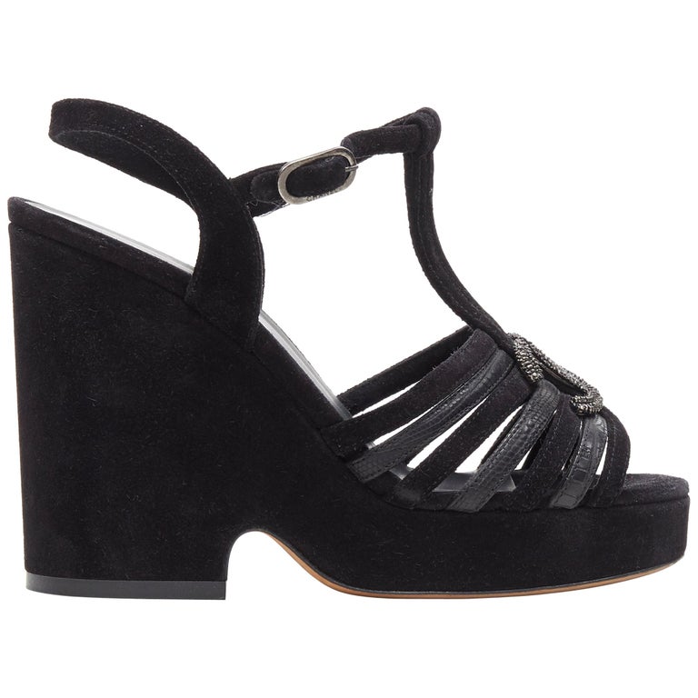 CHANEL CC logo suede laether black strappy platform T-strap wedge sandals  EU36 at 1stDibs | black strappy wedge sandal