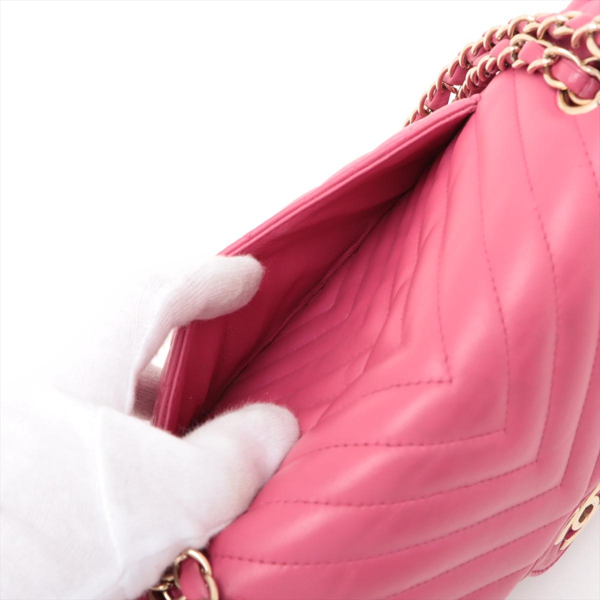 Chanel CC Logo V Stitch 25 Lambskin Double Flap Double Chain Bag Hot Pink For Sale 4