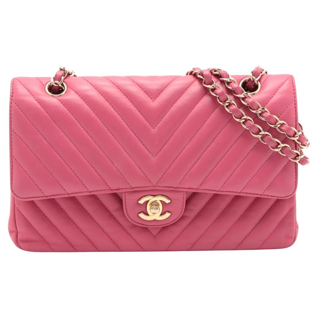 Chanel CC Logo V Stitch 25 Lambskin Double Flap Double Chain Bag Hot Pink
