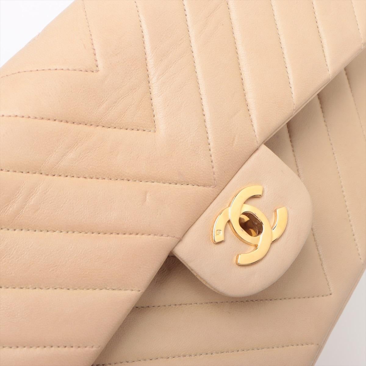 Chanel CC Logo V Stitch Lambskin Double Flap Double Chain Bag Beige 12
