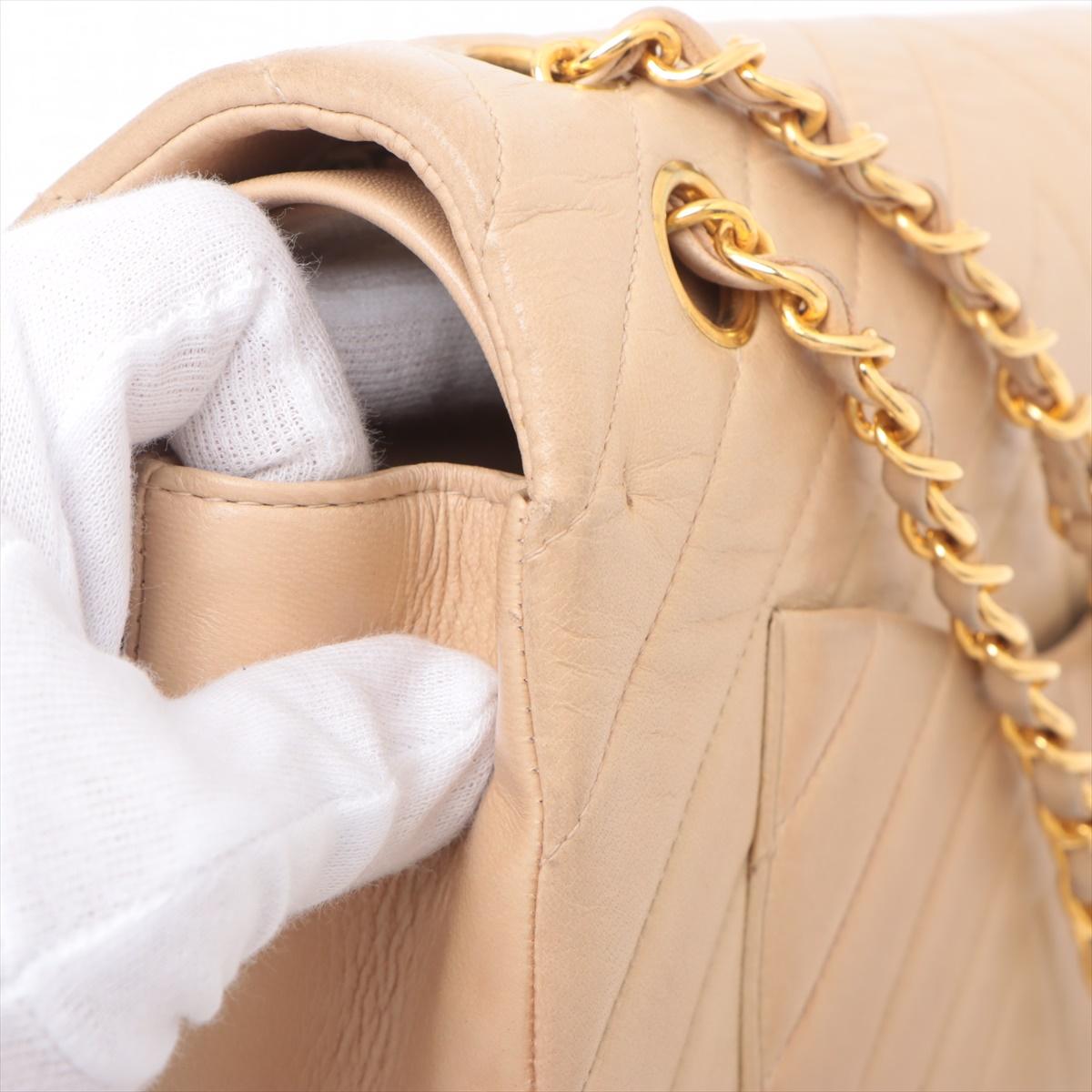 Chanel CC Logo V Stitch Lambskin Double Flap Double Chain Bag Beige 15