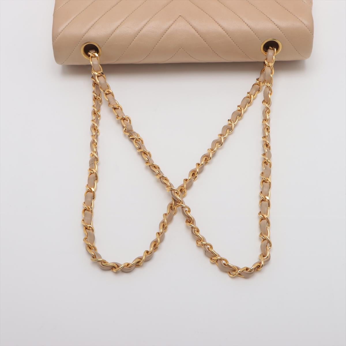 Chanel CC Logo V Stitch Lambskin Double Flap Double Chain Bag Beige 2