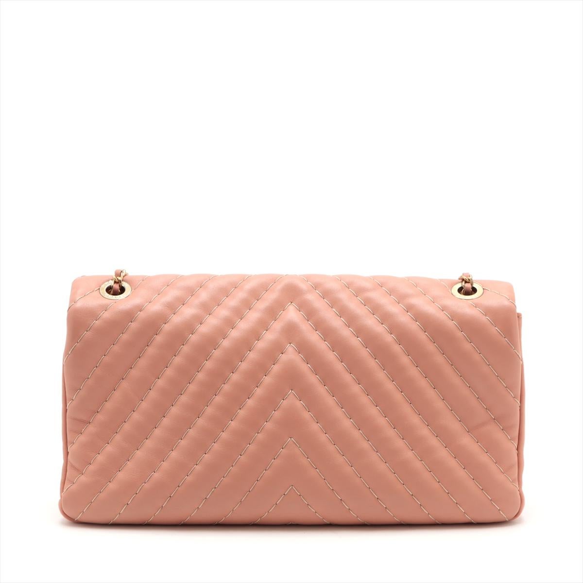 Orange Chanel CC Logo V-Stitch Lambskin Single Flap Double Chain Bag Salmon Pink