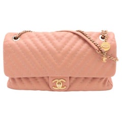Chanel CC Logo V-Stitch Lambskin Single Flap Double Chain Bag Salmon Pink