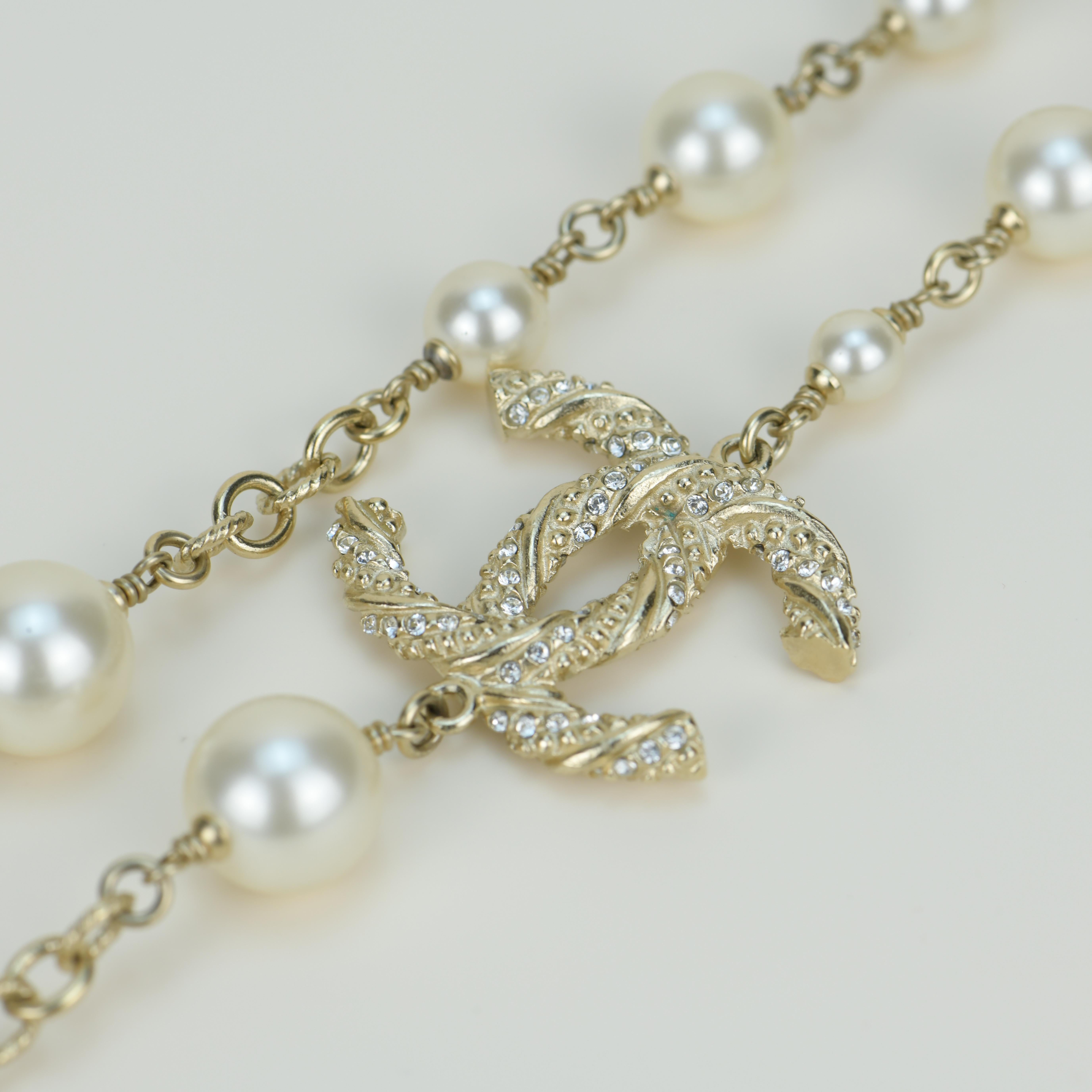 Chanel CC Logo White Pearl Long Necklace 9