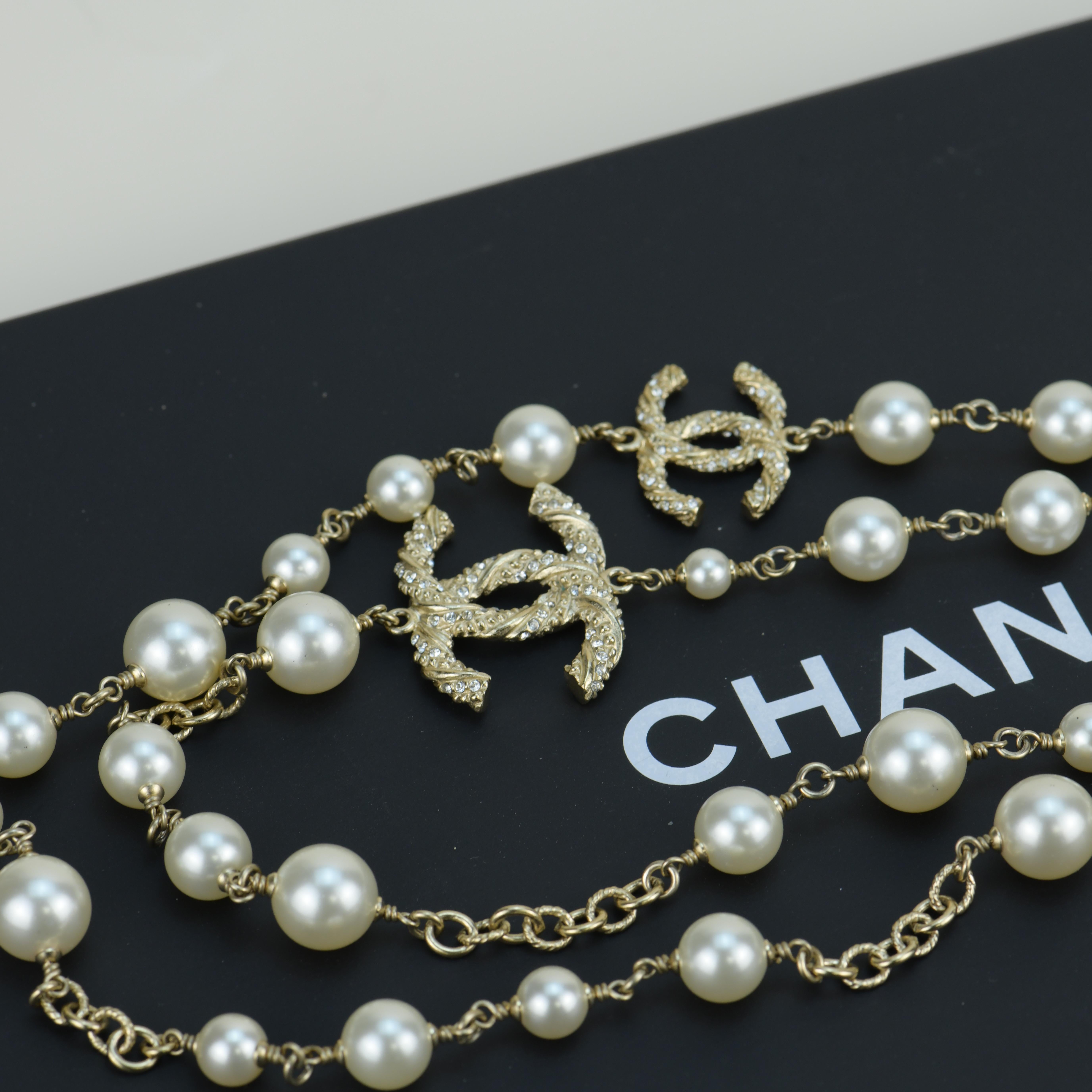 Chanel CC Logo White Pearl Long Necklace 1