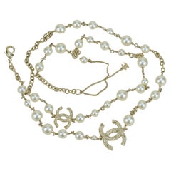 Chanel CC Logo White Pearl Long Necklace