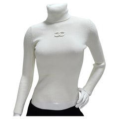 Chanel CC Logo White Rib Knit Turtleneck