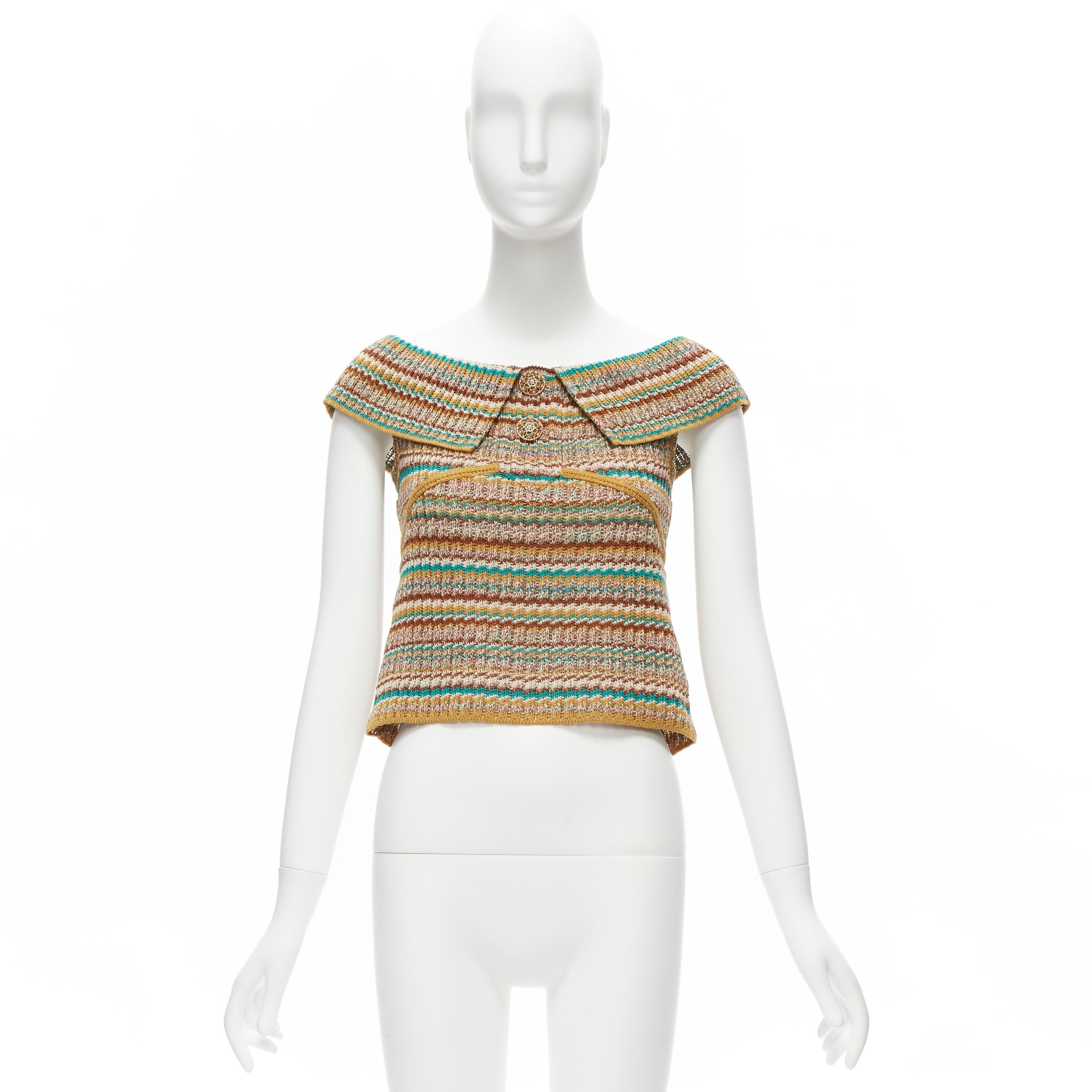 CHANEL CC logo yellow ethnic gold filigree button off shoulder sweater FR36 S 5