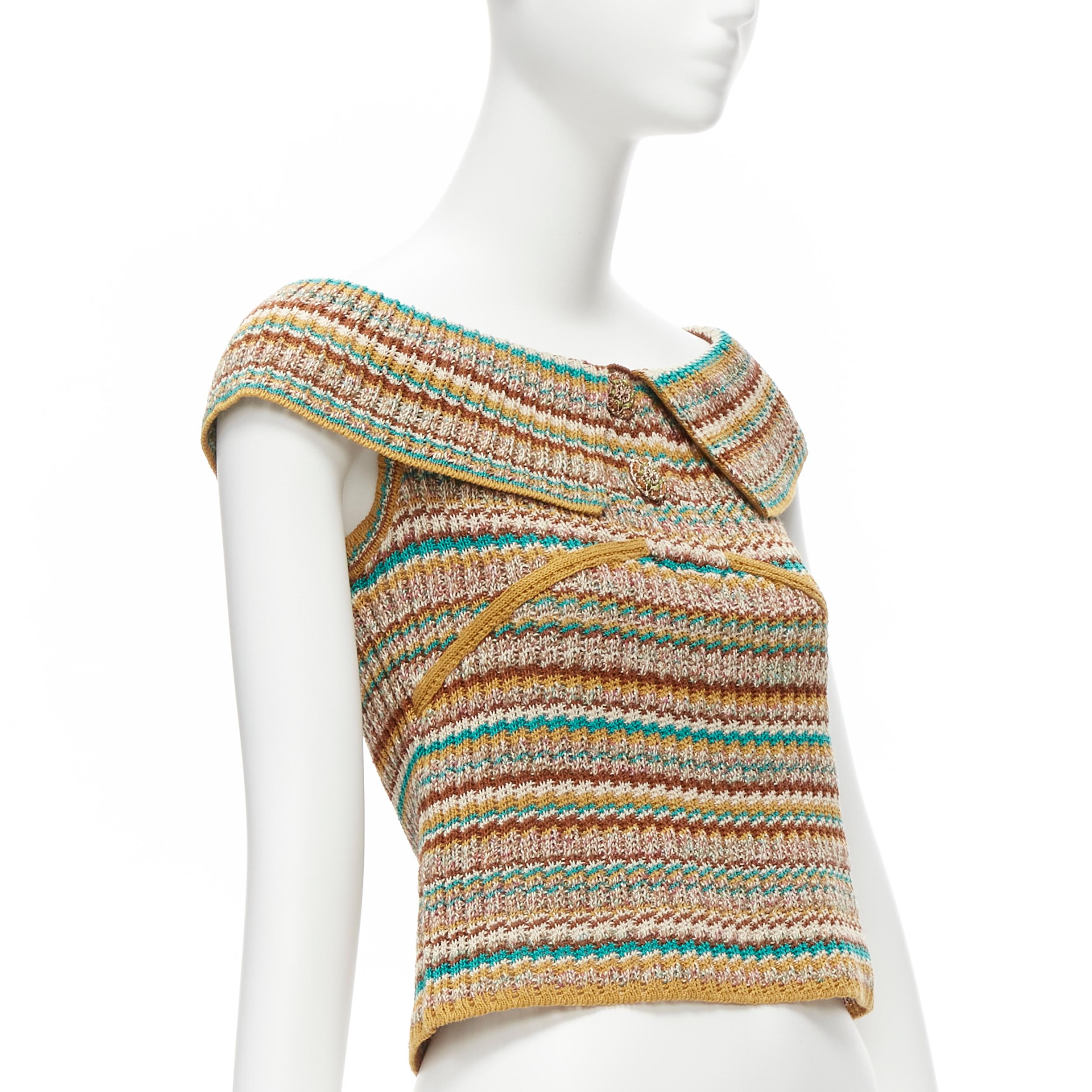 Brown CHANEL CC logo yellow ethnic gold filigree button off shoulder sweater FR36 S