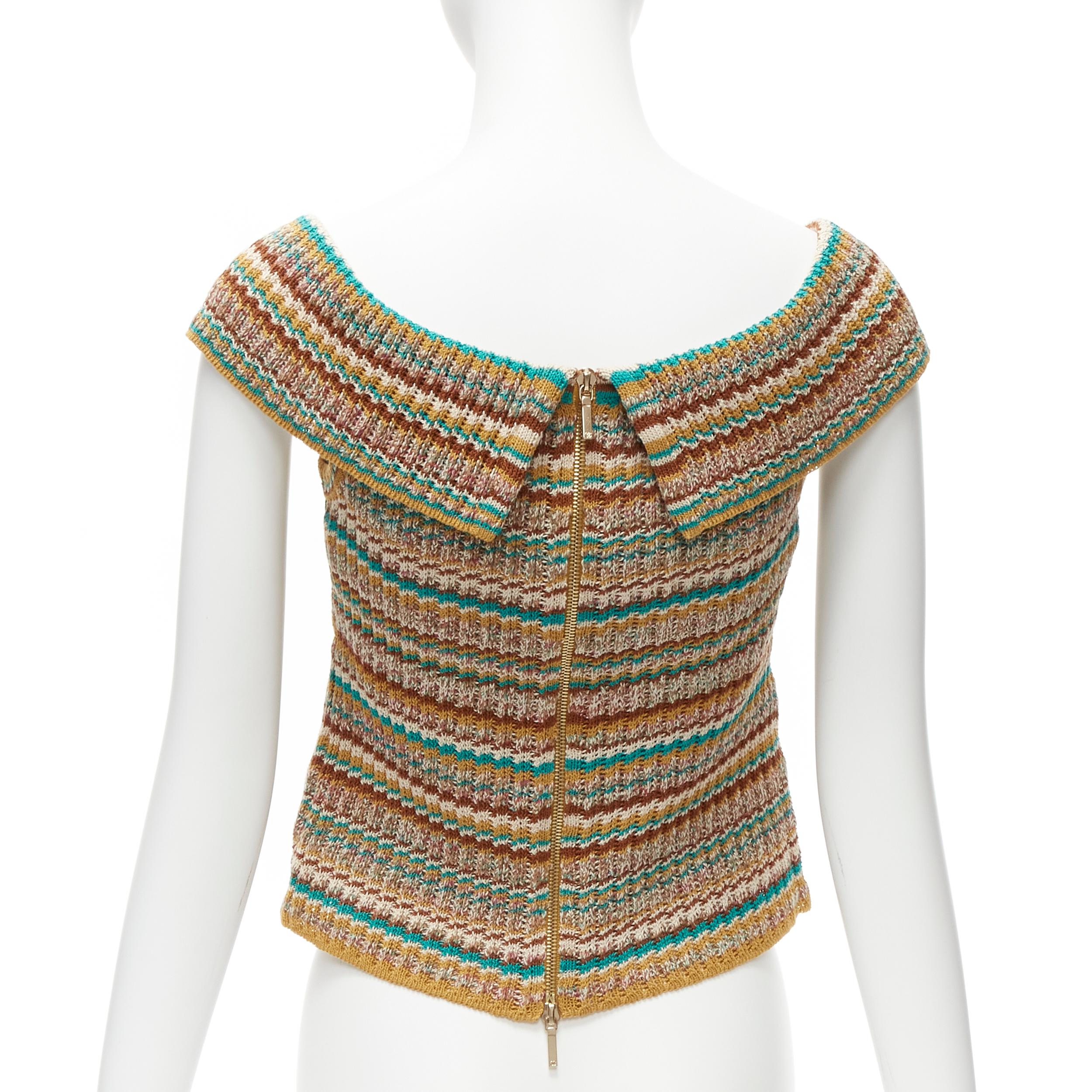 Women's CHANEL CC logo yellow ethnic gold filigree button off shoulder sweater FR36 S
