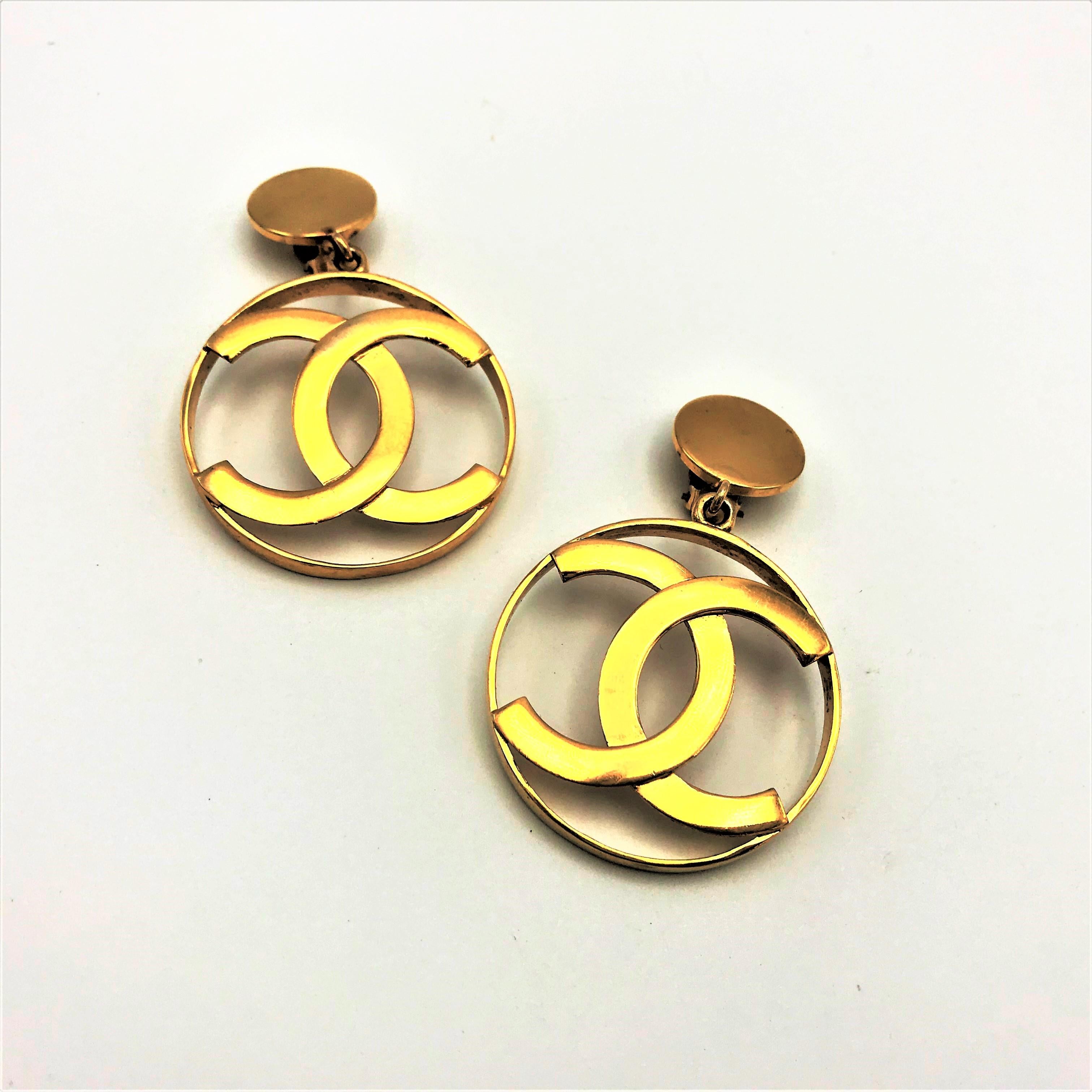 Women's Chanel CC Logos sunburst hoop dangle ear clips gold plated