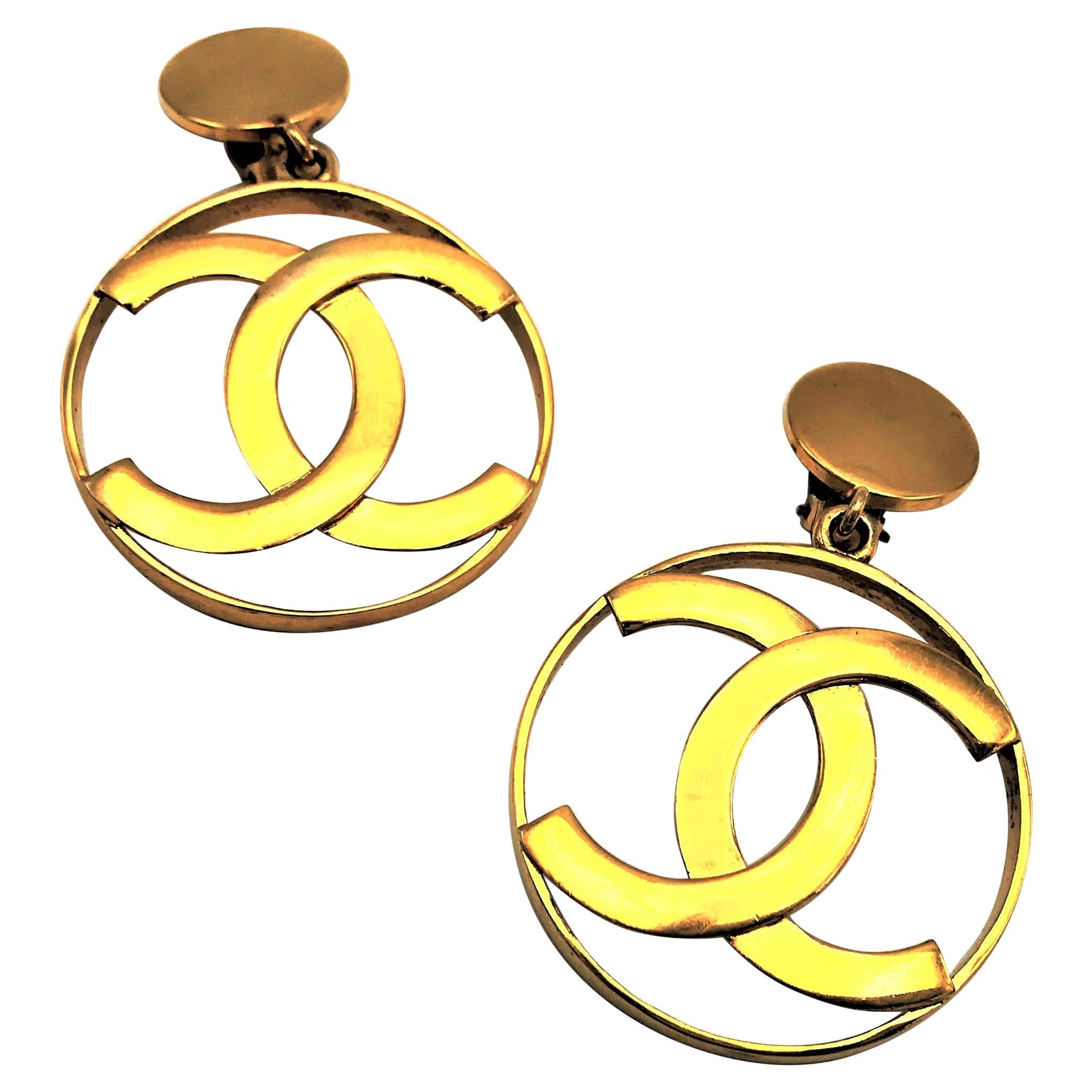 Chanel CC Logos sunburst hoop dangle ear clips gold plated