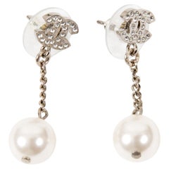 Chanel CC Long Silver Tone Strass Earrings
