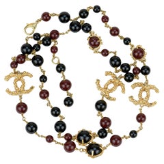 Chanel CC Long Strand Burgundy and Black Pearl Necklace 