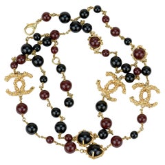 Chanel CC Long Strand Burgundy and Black Pearl Necklace