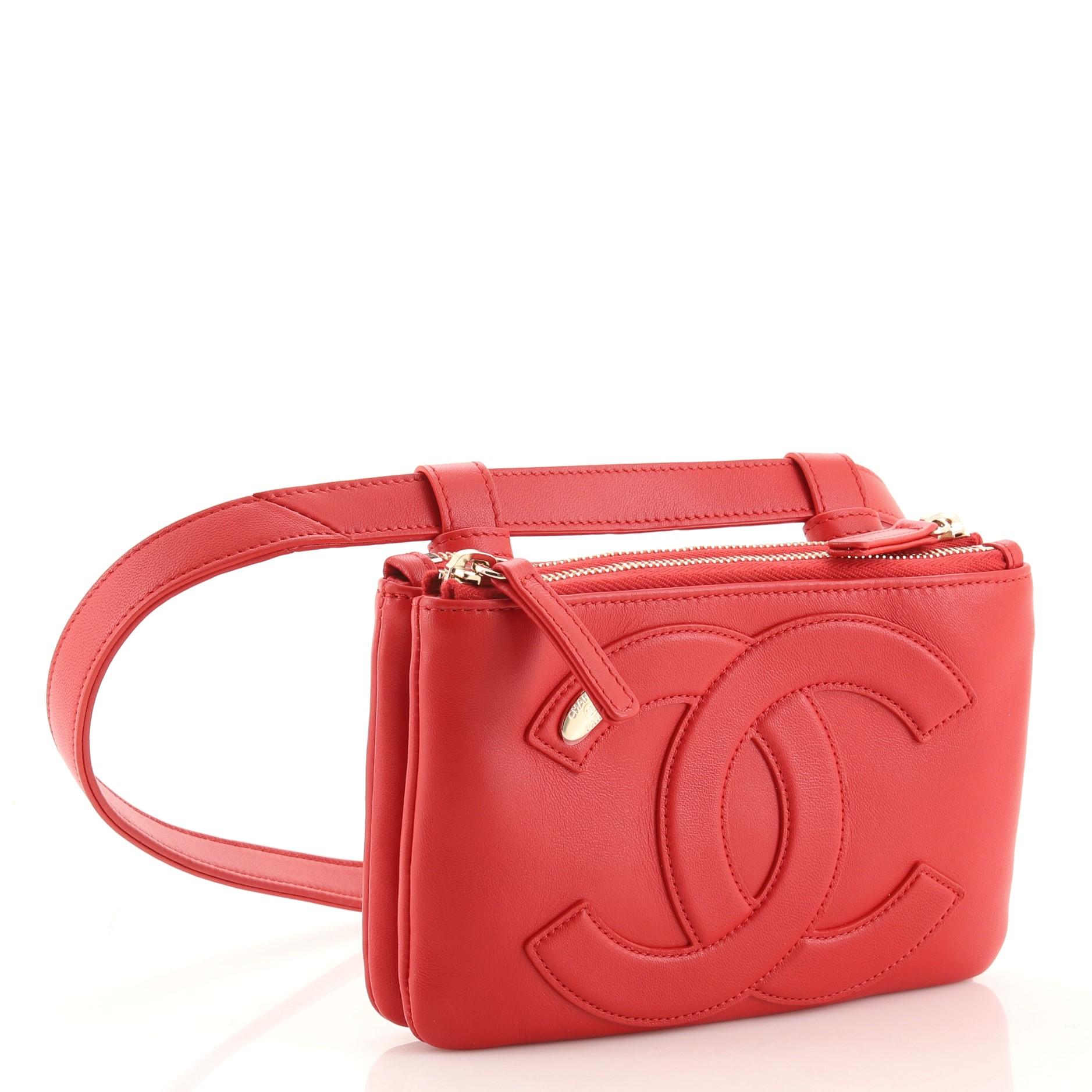 Red Chanel CC Mania Double Zip Belt Bag Lambskin