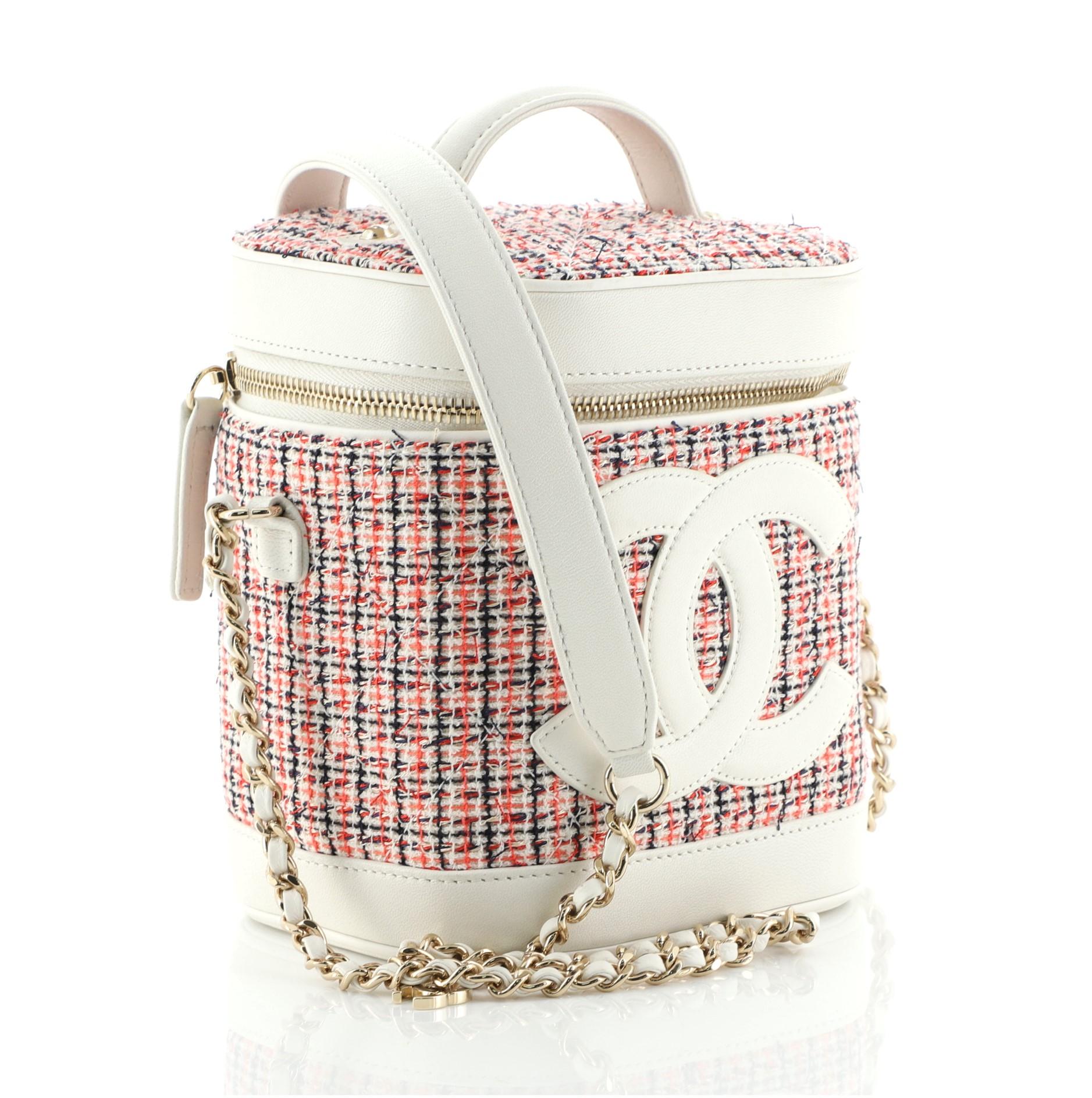 Beige Chanel CC Mania Vanity Case in tweed e pelle d'agnello