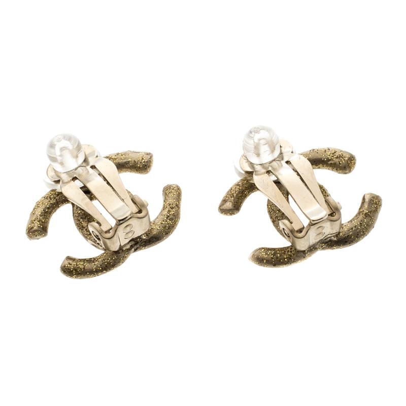 Chanel CC Matte Shimmer Gold Tone Stud Earrings 1