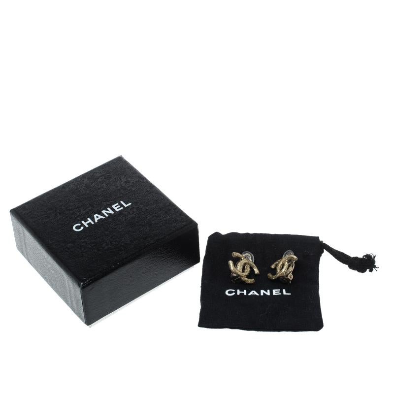 Chanel CC Matte Shimmer Gold Tone Stud Earrings 2