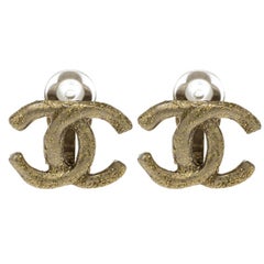 Chanel CC Matte Shimmer Gold Tone Stud Earrings