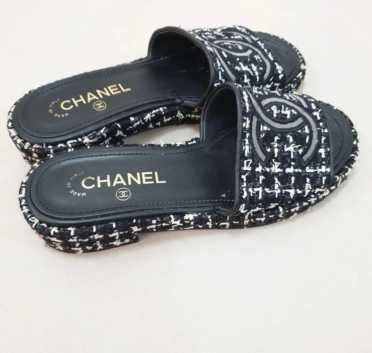 Chanel CC Mesh Tweed Slide Mules 1