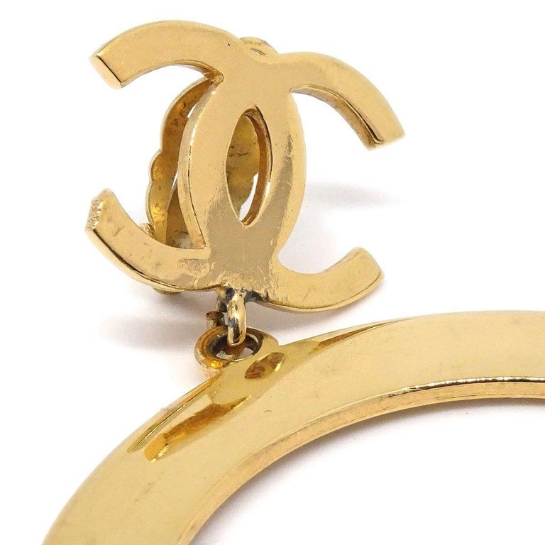 CHANEL CC Logos Large Filigree Hoop Dangle Earrings Gold Tone 25 Auth w/Box  #220