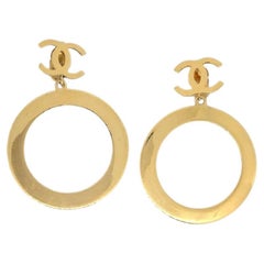 Vintage CHANEL CC Metal Gold Tone Large Round Circle Hoop Dangle Drop Evening Earrings