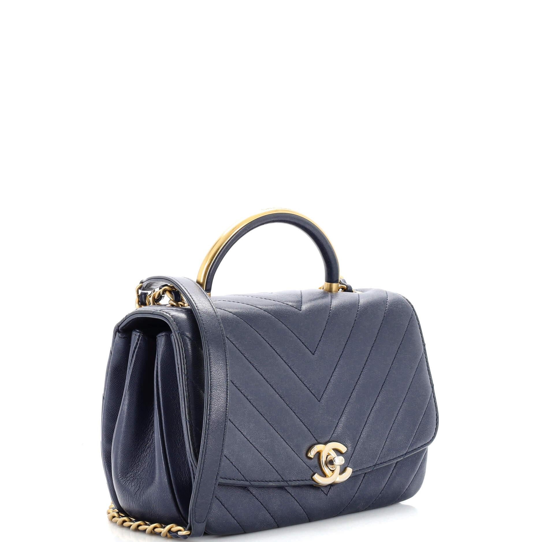 Chanel CC Metal Top Handle Flap Bag Chevron Lambskin Small In Good Condition For Sale In NY, NY