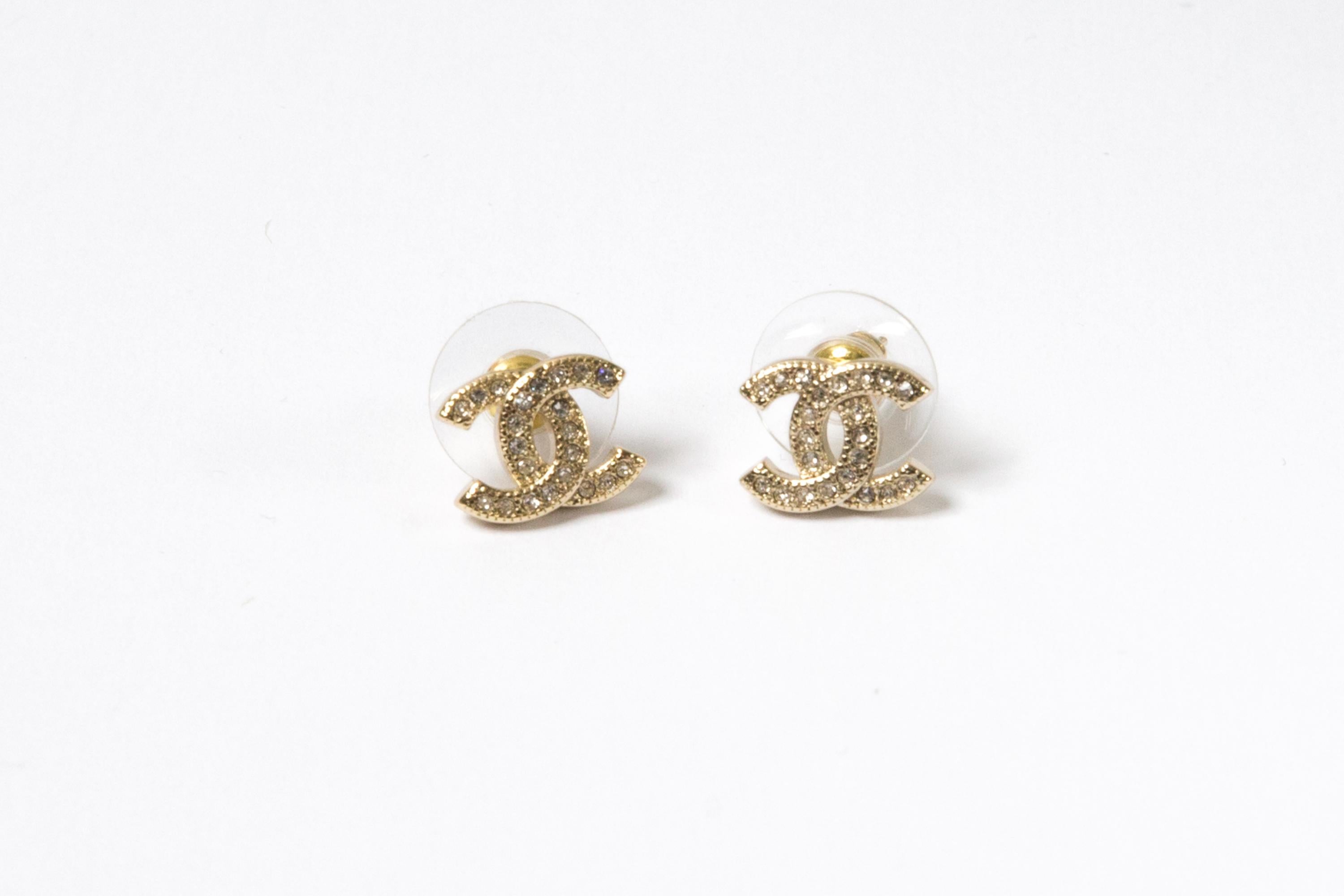 Chanel CC Mini Gold Tone and Strass Earrings For Sale 2