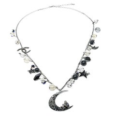 Chanel CC Moon Crystal Bead Charm Silver Tone Pendant Necklace