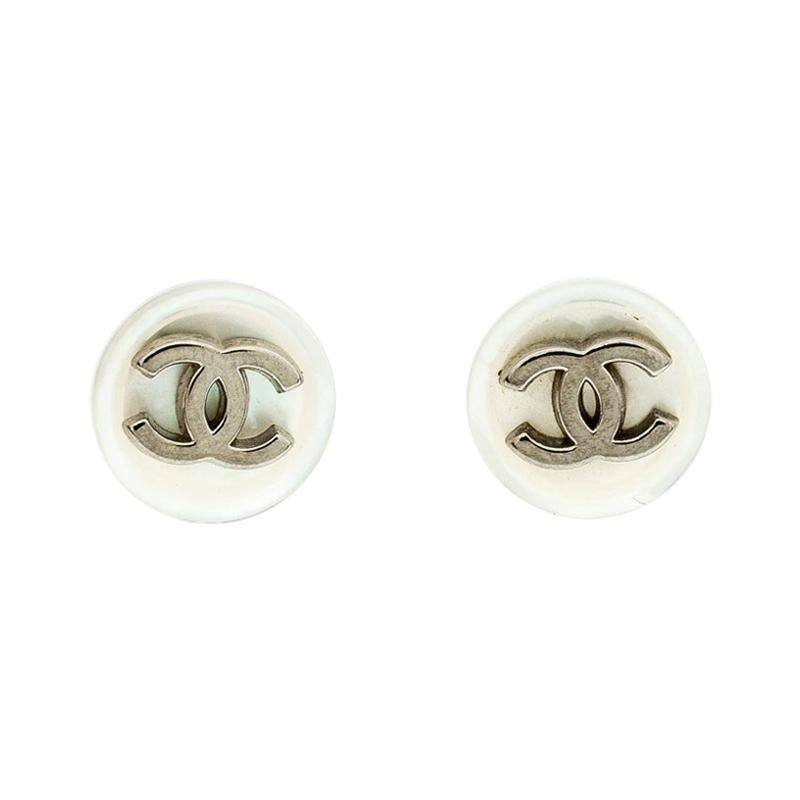 Chanel CC Mother of Pearl Round Button Stud Earrings
