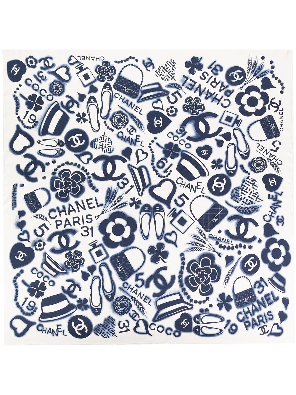 Adorned in four-leaf clovers, pearls, camellias and much more this 100% silk scarf is made for all the Chanel enthusiasts out there. Measures 90cm x 90cm.

Colour: White & Navy print

Composition: 100% Silk

Condition: Excellent condition

This