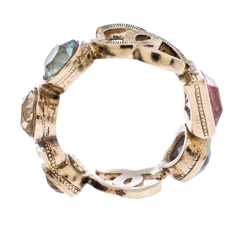 Contemporary Chanel CC Multi-color Crystal Gold Tone Band Ring Size 52