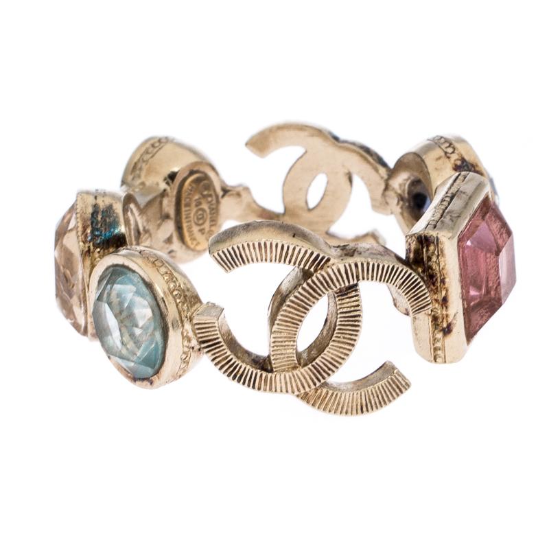 Chanel CC Multi-color Crystal Gold Tone Band Ring Size 52 In Good Condition In Dubai, Al Qouz 2